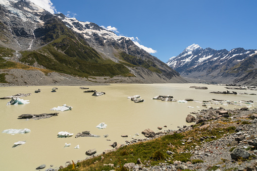 Los Glaciares National Park, Argentina - December 10, 2019: Tourists trekking on Perito Moreno Glacier in Los Glaciares National Park near El Calafate in Argentina, Patagonia, South America.