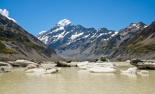 Beautiuful and majestic view hooker valley and hooker river flowing with a view of Mt Cook, South Island, New Zealand.