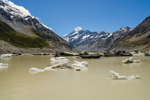 Beautiuful and majestic view hooker valley and hooker river flowing with a view of Mt Cook, South Island, New Zealand.