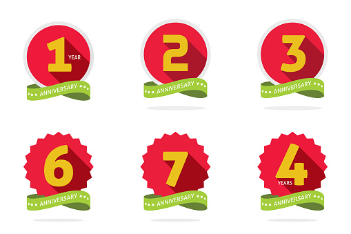 1, 2, 3, 4, 6 and 7 year anniversary number logo vector flat red green yellow icon, celebrating of birthday jubilee modern labels set ribbon or congratulation date logotype graphic circle round