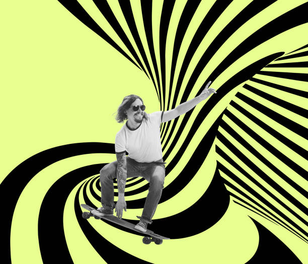 Skateboarding on hypnotic pattern background. Contemporary art collage. New ideas and creative inspiration. Concept of retro vintage style. optical illusion elements