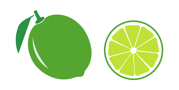 Vector icon of lime and lime cut slice. Color illustration, glyph style design. Isolated on white background lemon and slice picture
