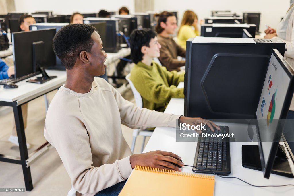 Student User Computer Young African Student Using Computer Inside Computer Room At School ...