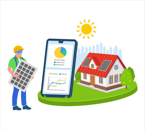 ilustrações, clipart, desenhos animados e ícones de aplicativo móvel de instalação do homem de reparo do painel de energia solar com análise de painel - roof of the world