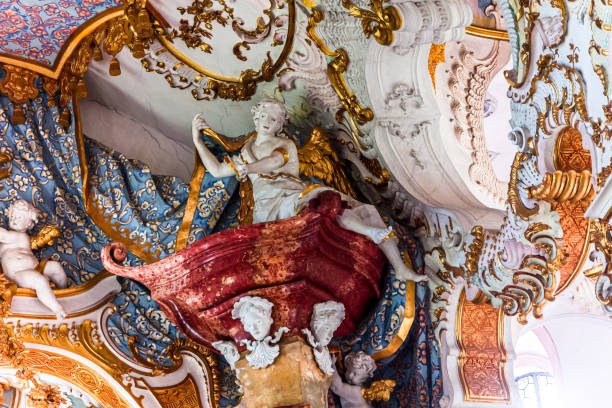 Steingaden, bavaria, germany, june 02, 2022 : stuccowork statues and decors of  church of Wieskirche, designed in the late 1740s by brothers J. B. and Dominikus Zimmermann