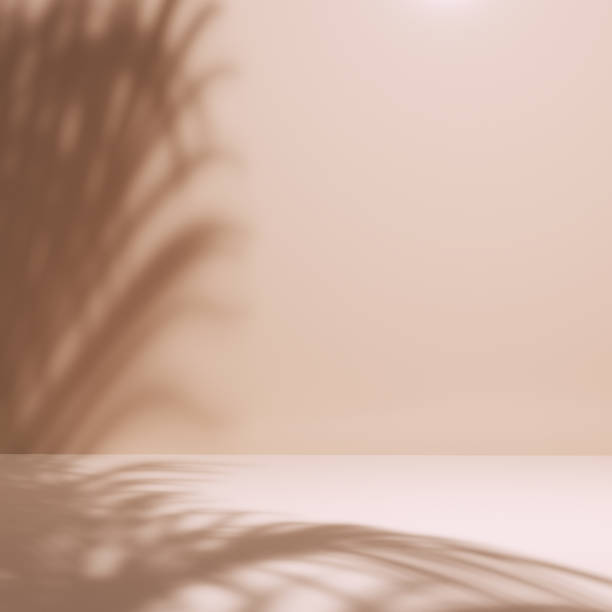 istock Empty room wall with texture tropical leaves shadow, minimal pastel beige summer abstract background for product presentation and object display. 3d rendering 1408396466
