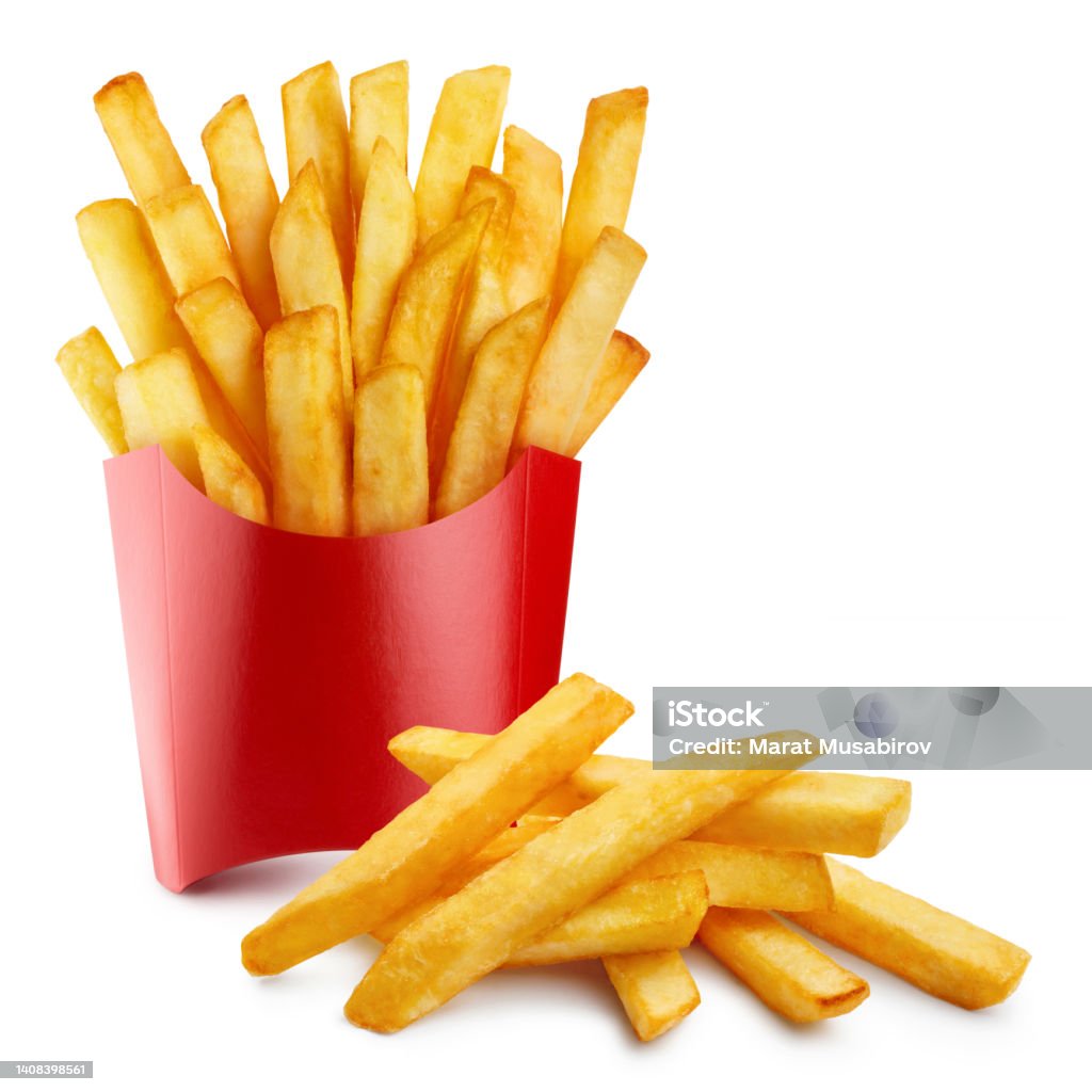 Delicious potato fries on white Delicious potato fries, isolated on white background Box - Container Stock Photo