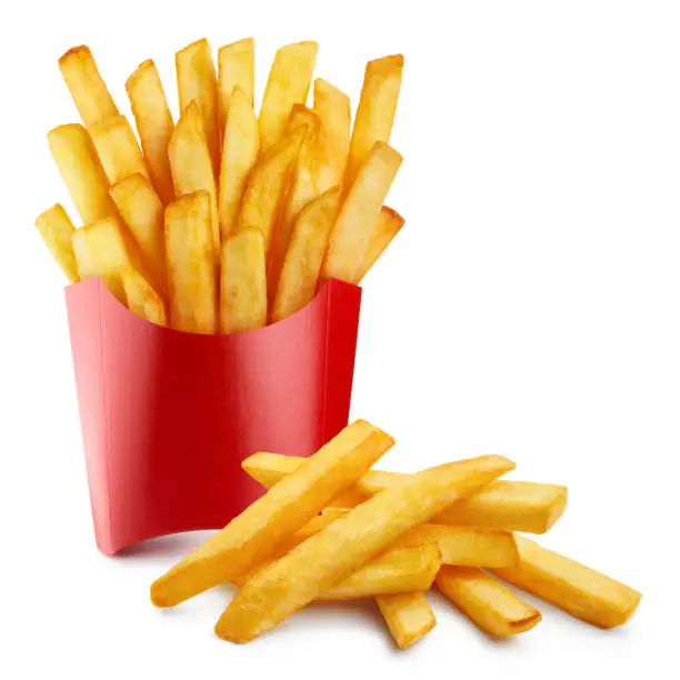 Delicious potato fries, isolated on white background