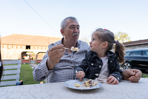 Caucasian grandfather and granddaughter together eating birthday cake