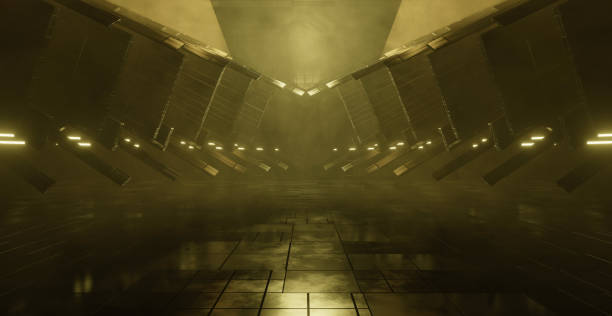 istock Yellow Mysterious Dark Scene Empty Hallway Corridor Room Garage Studio Dance Glowing 3D Render 1408402514