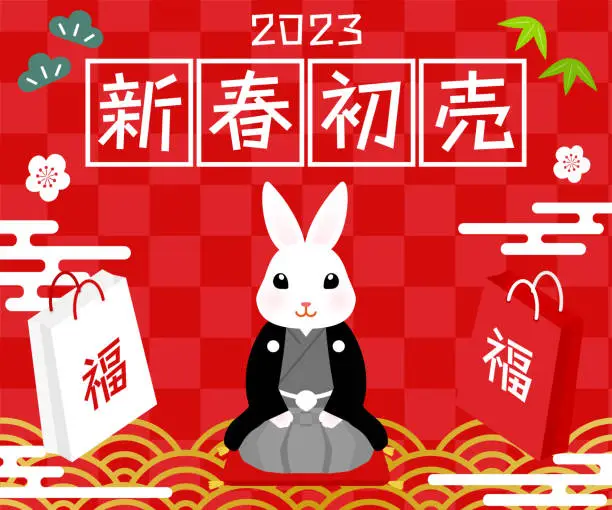 Vector illustration of New Year's First Sale , Japanese banner of a rabbit and a good luck bag in the year of the rabbit 2023, 300x250