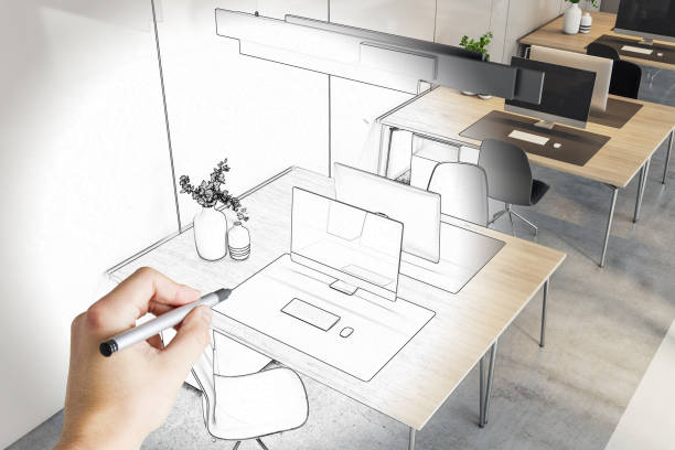 istock Hand contemporary drawn coworking office interior plan. Blueprint and workplace concept. 1408403440