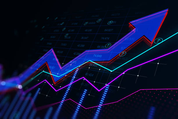istock Abstract growing business arrow and chart on dark backdrop with index. FInancial data, trade and market concept. 3D Rendering. 1408403501