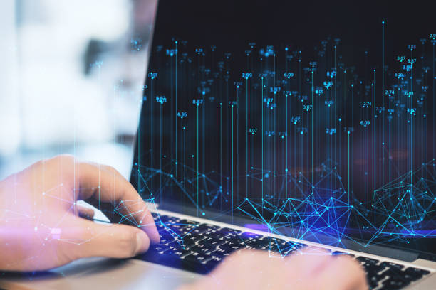 istock Close up of male hands using laptop keyboard with abstract polygonal lines on blurry background. Big data, index, technology, metaverse and future concept. Double exposure. 1408403584
