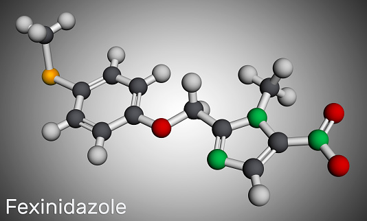 Fexinidazole molecule. It is drug used to treat African trypanosomiasis or sleeping sickness. Molecular model. 3D rendering