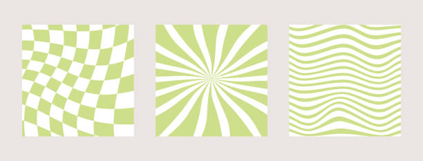 illustrazioni stock, clip art, cartoni animati e icone di tendenza di set di scacchiera gingham contorta, vortice e sfondo ondulato in colore verde lime nouveau estivo. groovy hippie modello a scacchiera. retro ondulato anni '60 anni '70 design psichedelico astratto. illustrazione vettoriale - intossicazione da sostanze