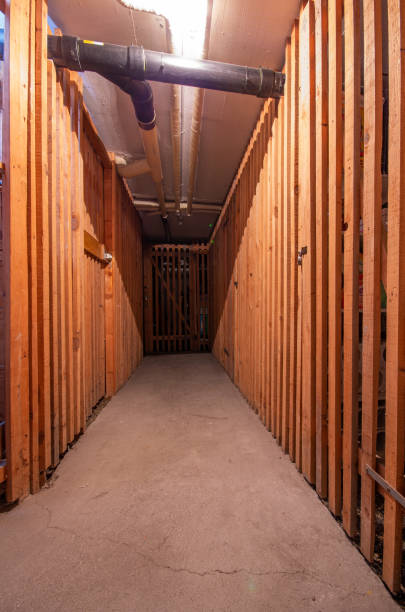 Residential apartment building basement or cellar corridor with wooden doors of tenant's storage places. Dark dimly lit, wide angle, no people stock photo