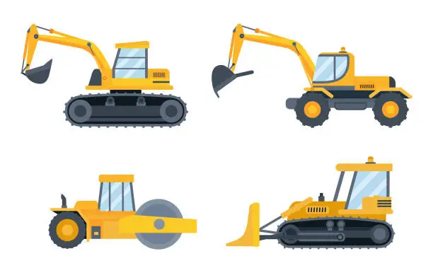 Vector illustration of Construction heavy equipment. Engineering machines for building as excavator, bulldozer, tractor and loader