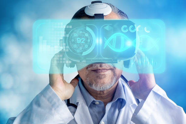 Digital medical health futuristic and global metaverse technology, doctor wearing best VR headset equipment to check internal organs patient and chromosome on screen, future innovation concept stock photo
