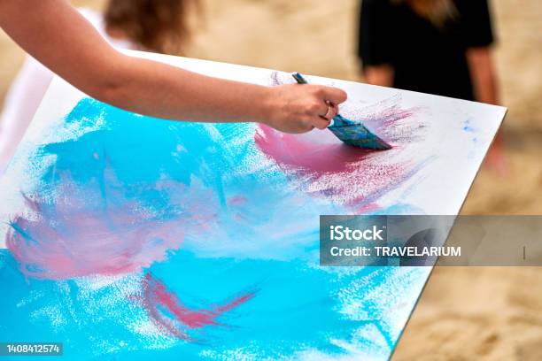 Amateur Painter Drawing Picture On White Canvas At Outdoor Art Exercise Painting Performance Stock Photo - Download Image Now