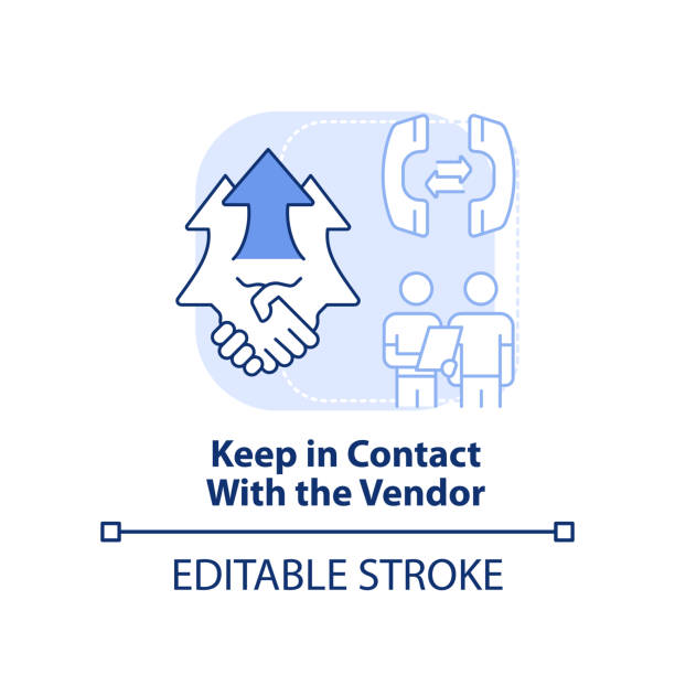 Keep in contact with vendor light blue concept icon Keep in contact with vendor light blue concept icon. Purchasing process flow abstract idea thin line illustration. Isolated outline drawing. Editable stroke. Arial, Myriad Pro-Bold fonts used supplier relationship management stock illustrations