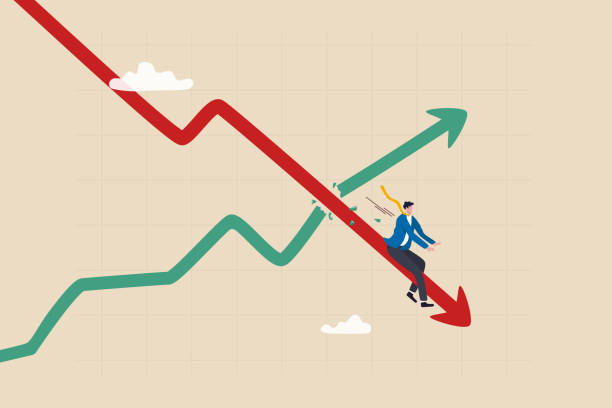 ilustraciones, imágenes clip art, dibujos animados e iconos de stock de estanflación, desaceleración económica o recesión mientras la inflación sube, el crecimiento del pib disminuye causando por el concepto de desempleo, temeroso empresario que cabalga hacia abajo gráfico económico con la inflación alta. - estancado