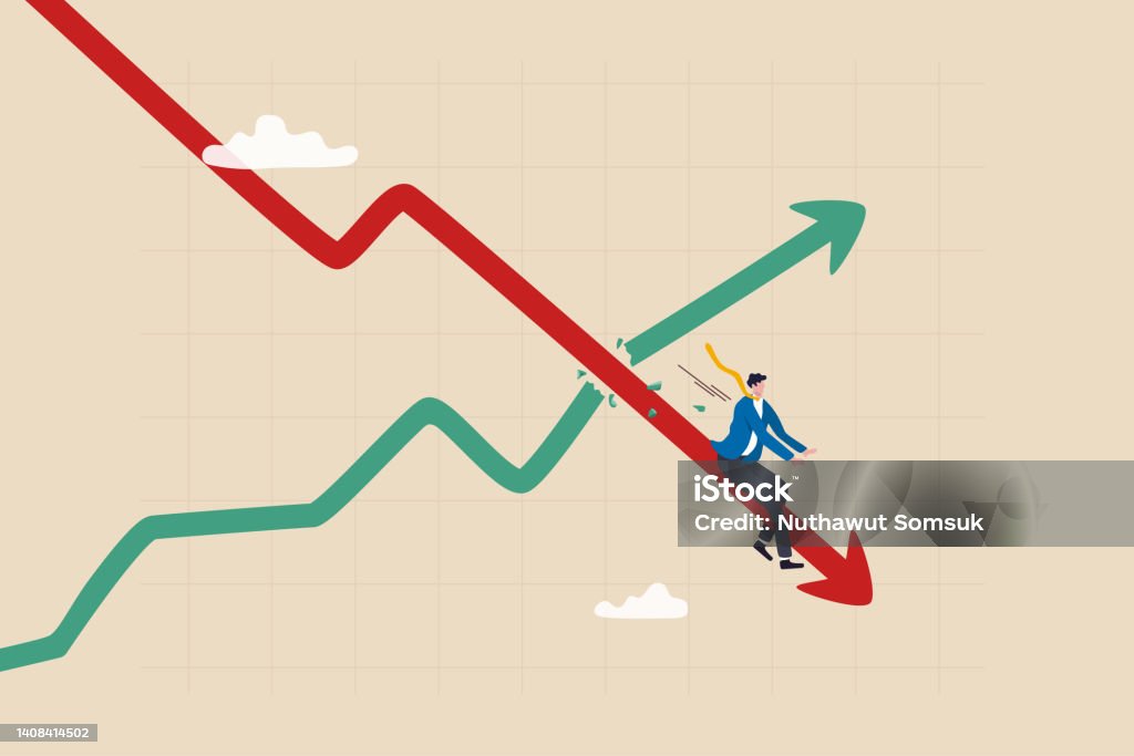 Stagflation, economic slow down or recession while inflation high up, GDP growth decrease causing by unemployment concept, fearful businessman riding fall down economic graph with inflation high up. Moving Down stock vector Stagflation, economic slow down or recession while inflation high up, GDP growth decrease causing by unemployment concept, fearful businessman riding fall down economic graph with inflation high up. Moving Down stock vector