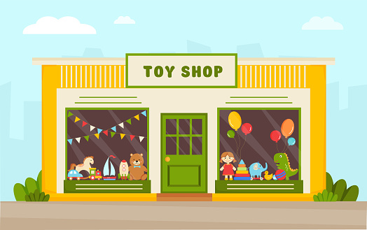 Toy store facade. Modern toy shop vector illustration. Retail trail.  Toy store window. Shop window with toys: teddy bear, doll, elephant, car, train. Front view of toy shop.