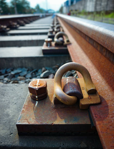 nuts and bolts for fastening railroad tracks. railroad track details.