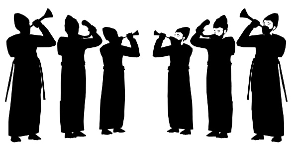 Six priests Black and white silhouettes of Jews blowing the shofar Cohen blowing the shofar in priestly clothes blowing the trumpets blowing the trumpet