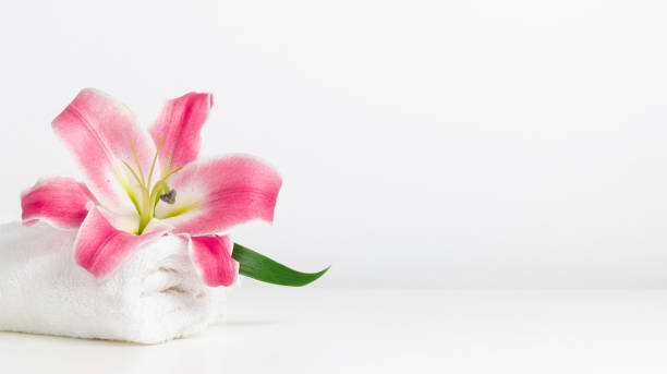 istock White towel and pink lily with copy space banner 1408420191