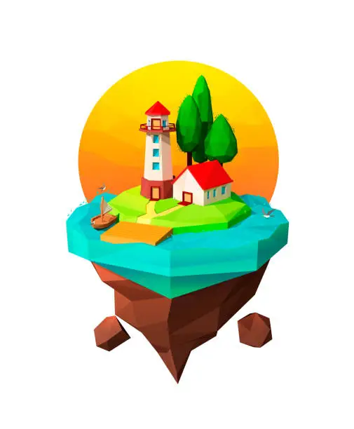 Vector illustration of Flying Island with a Lighthouse, Trees, Sun