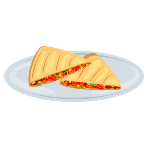 illustrations, cliparts, dessins animés et icônes de quesadilla avec de la viande et des légumes sur un plateau.  illustration vectorielle. - quesadilla chicken mexican cuisine cheese