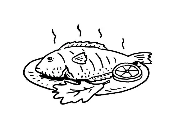 Vector illustration of hand-drawn fish cooked on plate
