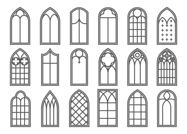 ilustraciones, imágenes clip art, dibujos animados e iconos de stock de iglesia medieval de ventanas. elementos de arquitectura de estilo gótico antiguo. ilustración de contorno vectorial sobre fondo blanco. - palace