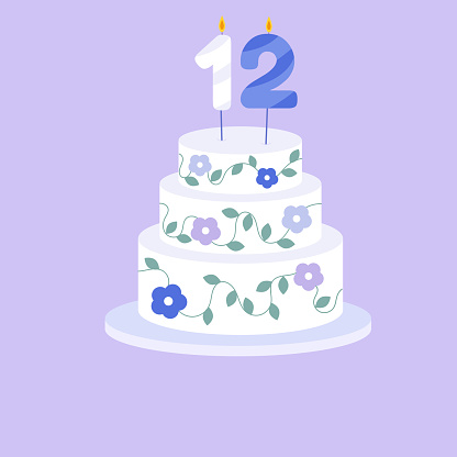 Holiday cake with age twelve candle in flat style. Vector illustration