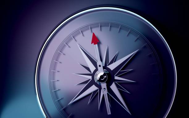 istock Empty 3D Compass Needle on Blue and Purple Neon Background 1408425668