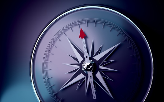 Empty three dimensional realistic compass's needle against blue and purple neon background. High quality image is ready to crop all your social media sizes with copy space.