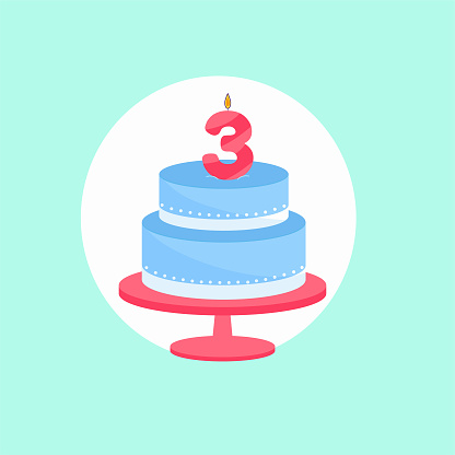Holiday cake with a candle of age three. Vector illustration