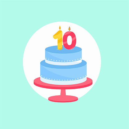 Holiday cake with a candle of age ten. Vector illustration