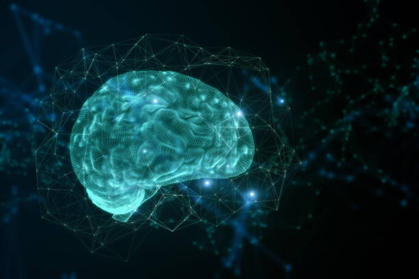 istock Abstract blue polygonal brain hologram on blurry backdrop. AI and machine learnign concept. 3D Rendering. 1408426668