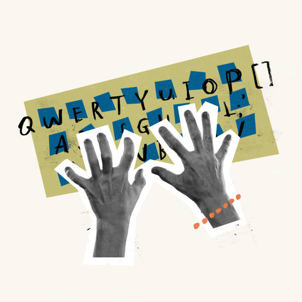 istock Contemporary art collage. Conceptual image with human hands typing on computer keyboard, working on project 1408428212