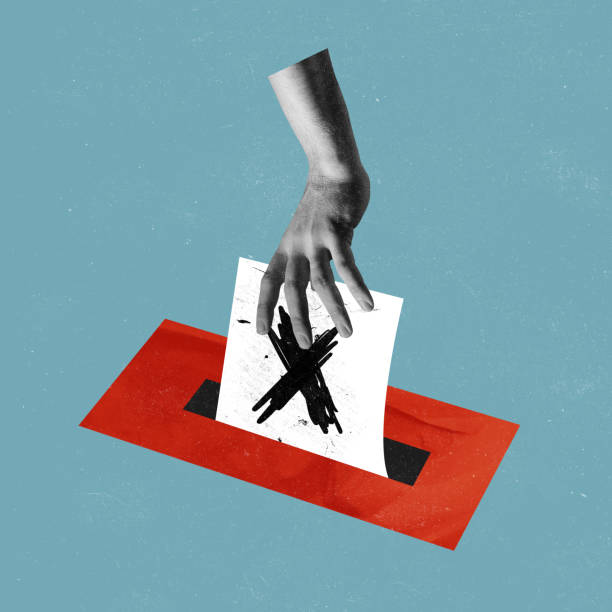 istock Contemporary art collage. Conceptual image with human hand putting voting paper into box. Choosing suitable candidate 1408428220