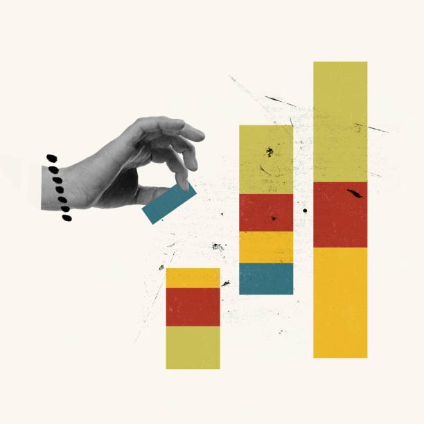 istock Contemporary art collage. Conceptual image with male hand putting blocks, making business graph. Working on successful career strategy 1408428241