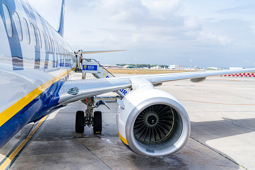Valencia, Spain - July 6, 2022. Ryanair Boeing 737-800 engine detail at Valencia International Airport