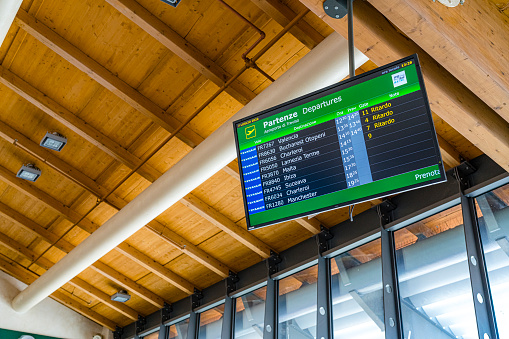 Treviso, Italy - July 7, 2022. Departures board at Treviso Airport - International Airport Treviso A. Canova (TSF), Italy showing Ryanair delayed flights during employees crisis