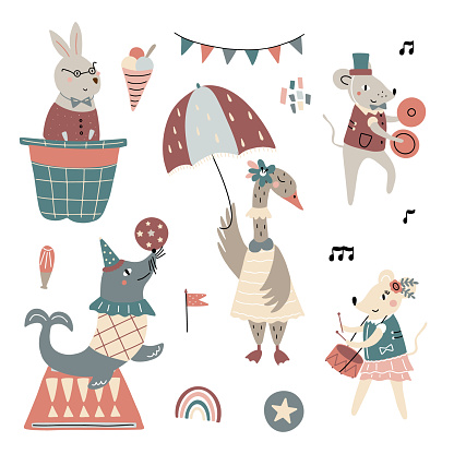 Set of circus animals and elements. Vector illustration isolated on white background for your design