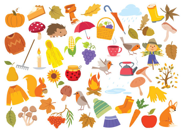 ilustraciones, imágenes clip art, dibujos animados e iconos de stock de diseño de fondo con iconos y objetos de otoño. - macintosh apple