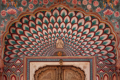 Lotus gate door in pink city at City Palace of Jaipur, India