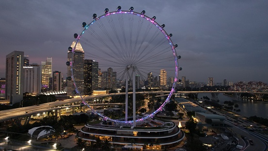 Marina Bay, Singapore - July 13, 2022: The Singapore Ferris Wheel, all in one area